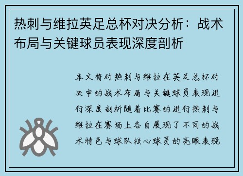 热刺与维拉英足总杯对决分析：战术布局与关键球员表现深度剖析