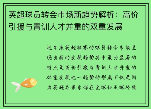 英超球员转会市场新趋势解析：高价引援与青训人才并重的双重发展